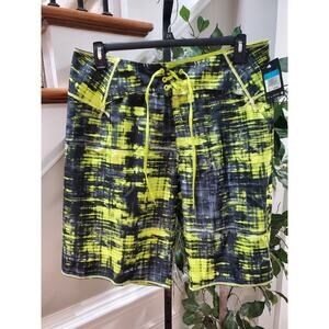 Nike Men's Black & Yellow Polyester Pull On Swim Trunk Logo Print Shorts Size 36